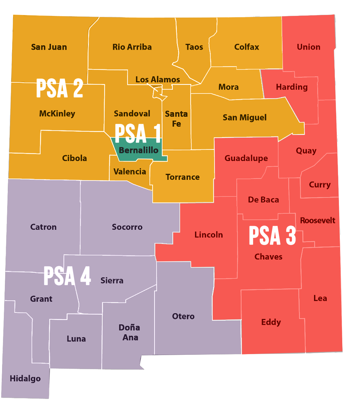 The New Mexico Aging Network is comprised of the Aging & Long-Term Services Department, Area Agencies on Aging (AAAs), and providers within each of the planning and service areas (PSAs). The NM Aging Network has two “federally recognized” AAAs that serve four of the designated Planning and Services Areas (PSAs) in the State. 